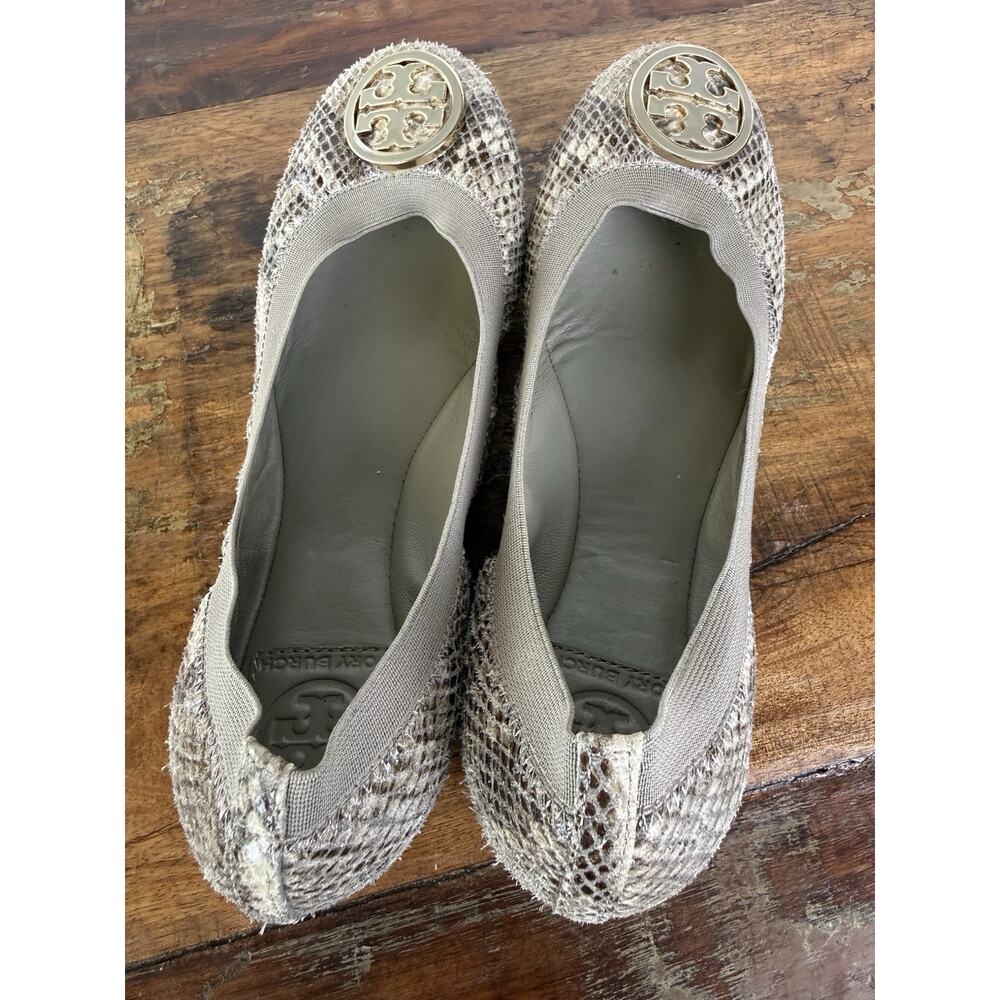 Tory Burch Reva Ballet Flats Haircalf Snakeskin Print Leather Shoes 7.5M Gold - Picture 13 of 16